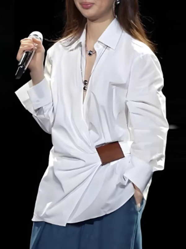 Buttoned Pleated Solid Color Long Sleeves Loose Lapel Blouses&Shirts Tops