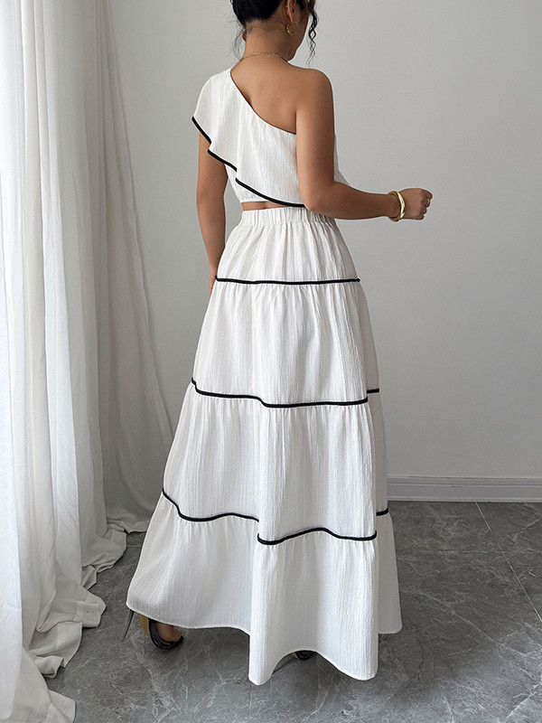 Elasticity Sleeveless Pleated One-Shoulder Vest Top + A-Line Skirts Bottom Two Pieces Set