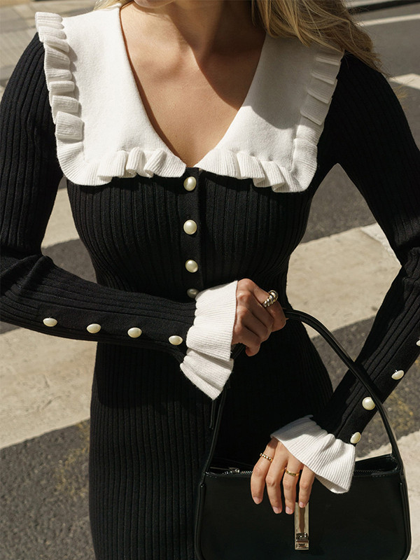 Pleated Ruffled Split-Joint Long Sleeves Peter Pan Collar Sweater Dresses