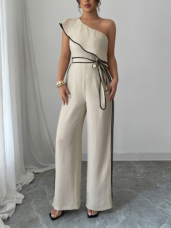 Elasticity Tied Waist High Waisted Wide Leg One-Shoulder Jumpsuits