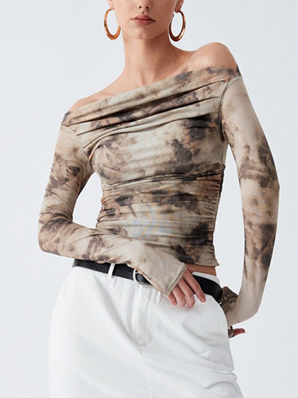 Pleated Split-Joint Tie Dye Long Sleeves Skinny Off-the-shoulder T-Shirts Tops