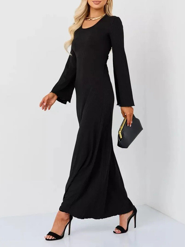 Pleated Ruffled Solid Color Split-Joint Long Sleeves Round-neck Maxi Dresses