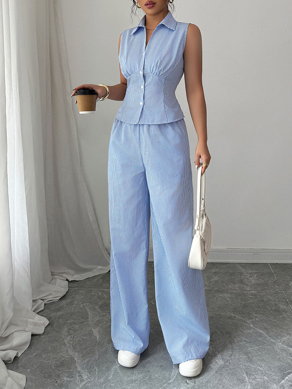 Striped Lapel Sleeveless Buttoned Contrast Color  Vest Top + Pleated Pockets Pants Bottom Two Pieces Set