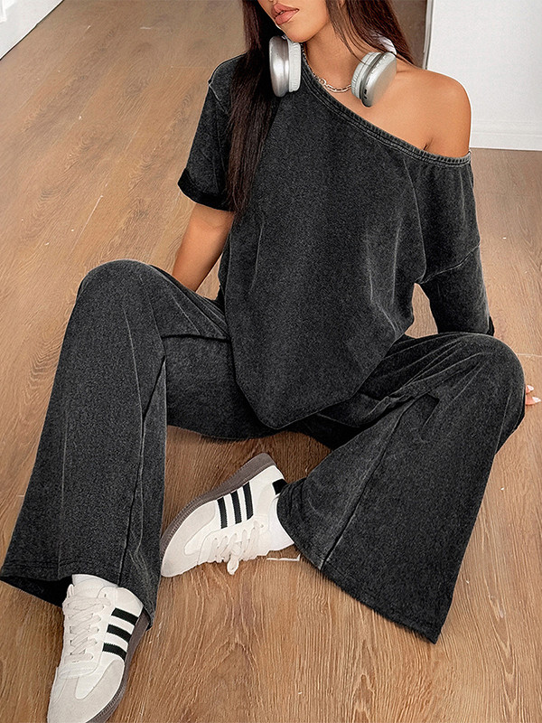 Solid Color Loose Short Sleeves One-Shoulder T-shirt Top + Pockets Pants Bottom Two Pieces Set