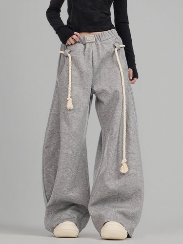 Drawstring Elasticity Pockets Solid Color High Waisted Loose Trousers Pants
