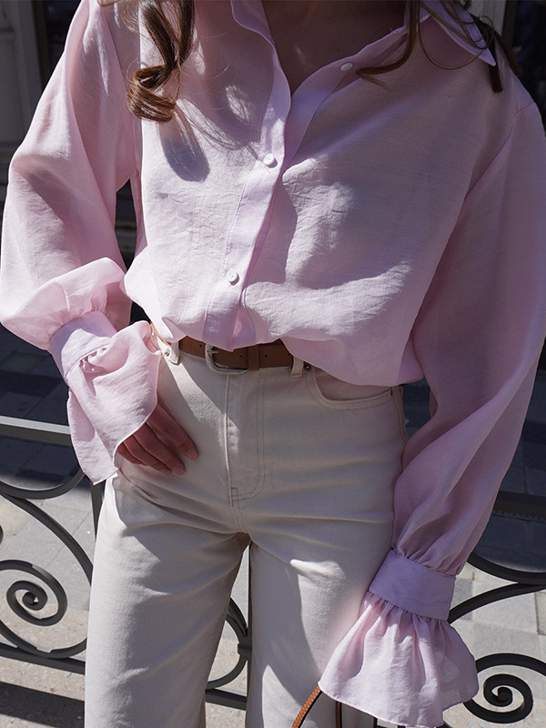 Pleated Solid Color Split-Joint Loose Puff Sleeves Lapel Blouses&shirts Tops