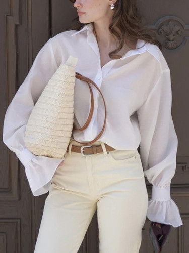 Pleated Solid Color Split-Joint Loose Puff Sleeves Lapel Blouses&shirts Tops