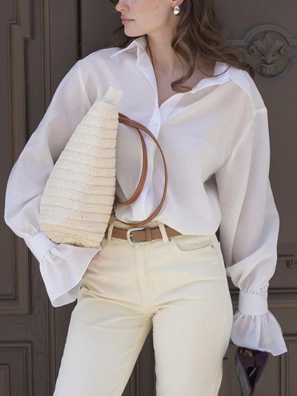 Pleated Solid Color Split-Joint Loose Puff Sleeves Lapel Blouses&shirts Tops