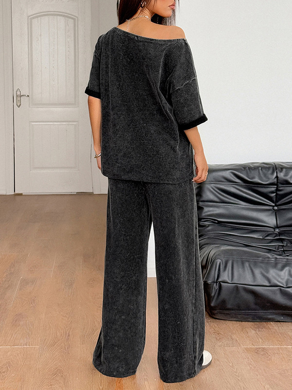 Solid Color Loose Short Sleeves One-Shoulder T-shirt Top + Pockets Pants Bottom Two Pieces Set