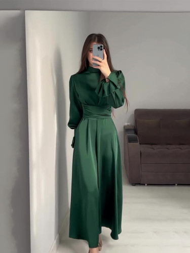 Maxi Dresses for Women Temperament Solid Robe Femme Half High Collar Flare Sleeve Tunic Vintage Y2k Dress 2025 Vestidos De Mujer
