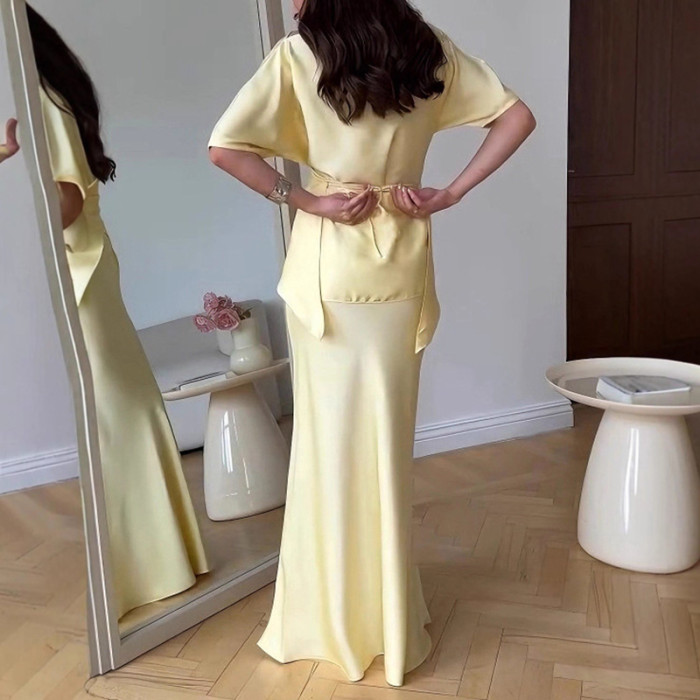Casual O-neck Short Sleeved and Long Skirt Suit Summer Thin Satin Two Piece Simple Solid Color Temperament Women's Party Outfit