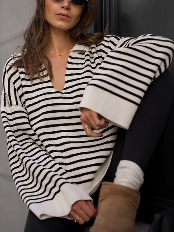 Split-Joint Striped Long Sleeves Loose Lapel Sweater Tops