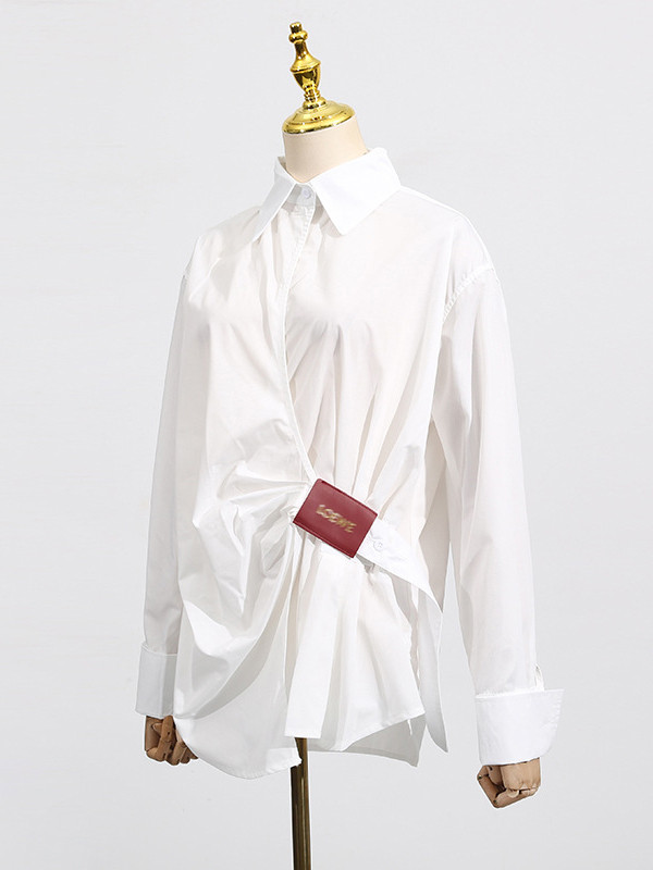 Buttoned Pleated Solid Color Long Sleeves Loose Lapel Blouses&Shirts Tops