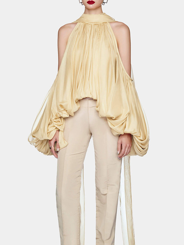 Pleated Solid Color Tied Long Sleeves Loose Halter-Neck Blouses&Shirts Tops