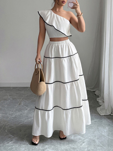 Elasticity Sleeveless Pleated One-Shoulder Vest Top + A-Line Skirts Bottom Two Pieces Set