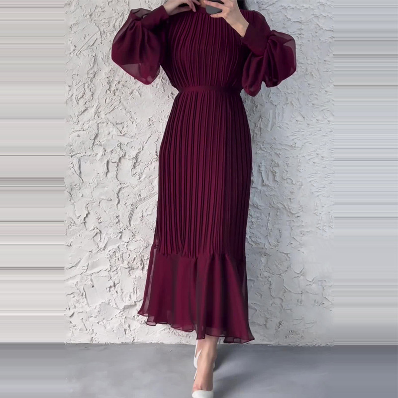 New Spring Autumn Women's Long Pleated Party Dress Female Commuting O Neck Office Dresses Elegant Casual Evening Maxi Dress