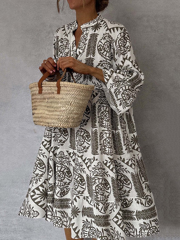 Falbala Printed Loose Three-Quarter Sleeves V-Neck Midi Dresses