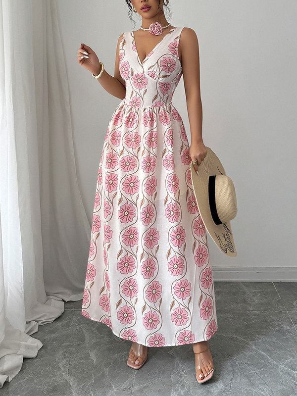 Backless Flower Print Pleated Tied A-Line Loose V-Neck Maxi Dresses