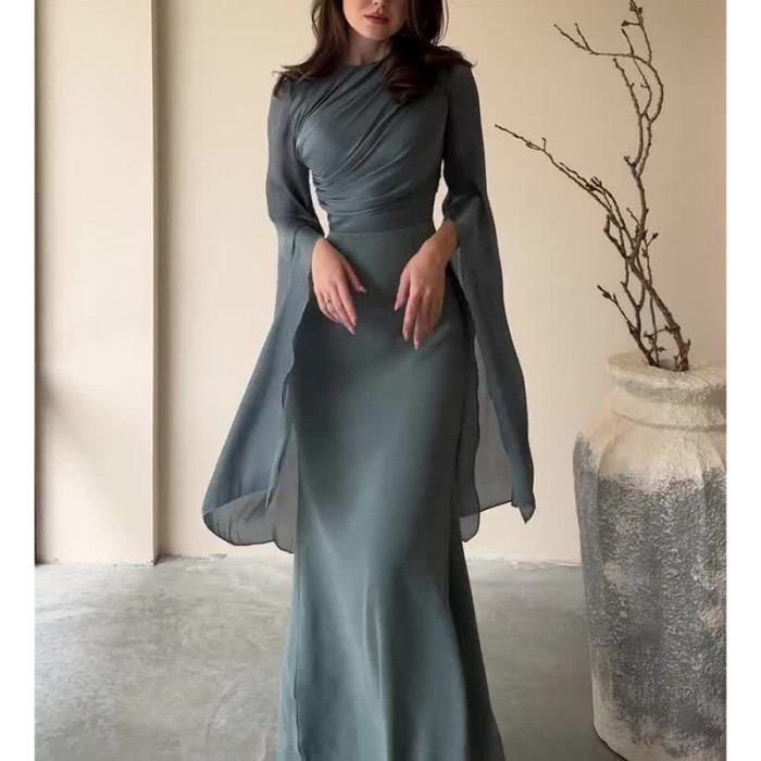 Elegant Solid Flare Sleeve Women Vestidos Long Robes Fashion Spliced Satin Bodycon Dresses Sexy Slim O Neck Floor-length Dresses