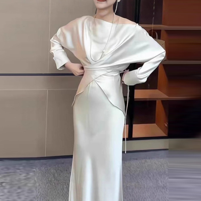 Casual O-neck Short Sleeved and Long Skirt Suit Summer Thin Satin Two Piece Simple Solid Color Temperament Women's Party Outfit