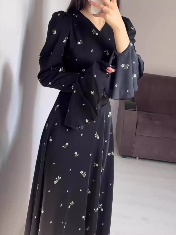 New Spring Summer  Elegant Dresses for Women Printing Lotus Leaf Sleeve V Neck Dress Fashionable Slim Fit Women's Evening Dress