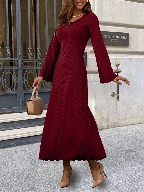 Pleated Ruffled Solid Color Split-Joint Long Sleeves Round-neck Maxi Dresses