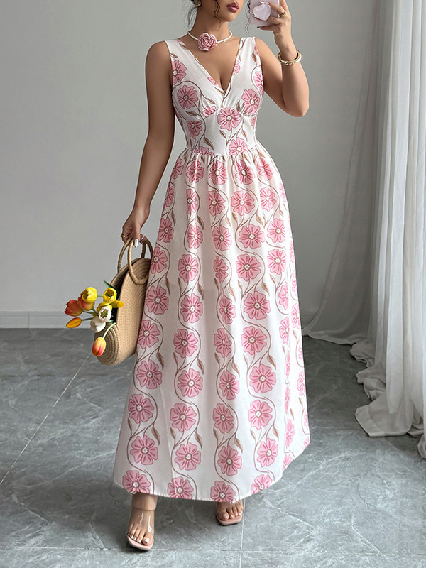 Backless Flower Print Pleated Tied A-Line Loose V-Neck Maxi Dresses