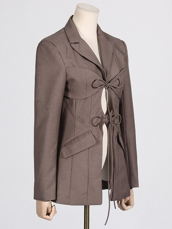 Pockets Solid Color Tied Long Sleeves Loose Notched Collar Outerwear Blazer
