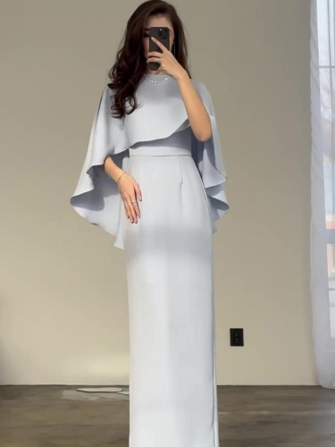 New in Spring Summer Solid Color Satin Elegant Bat Shawl Style Waist Commuter Dress Fashion Long Maxi Dresses for Women Clothing