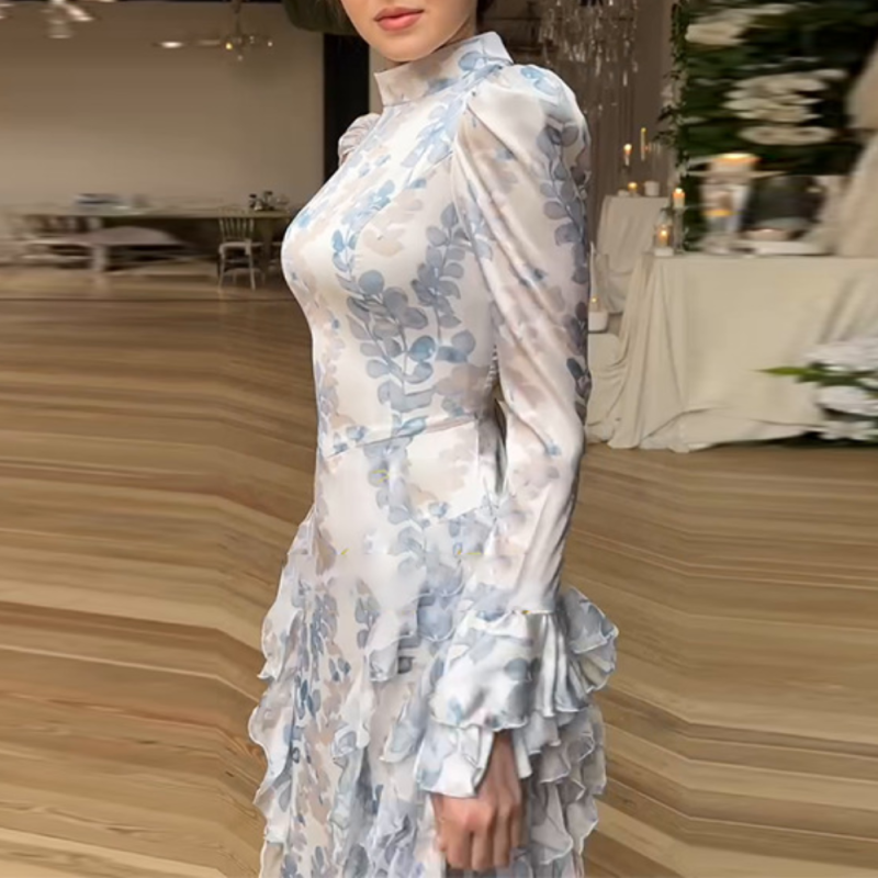 New in Spring Gentle Style Slim Fit Lace Up Printed Satin Dress Long Sleeved Long Dress for Women Elegant Woman Clothing