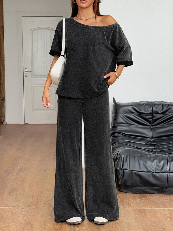 Solid Color Loose Short Sleeves One-Shoulder T-shirt Top + Pockets Pants Bottom Two Pieces Set