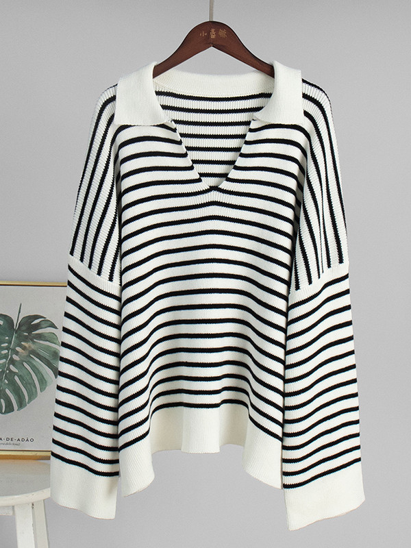 Split-Joint Striped Long Sleeves Loose Lapel Sweater Tops