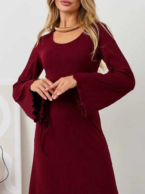 Pleated Ruffled Solid Color Split-Joint Long Sleeves Round-neck Maxi Dresses