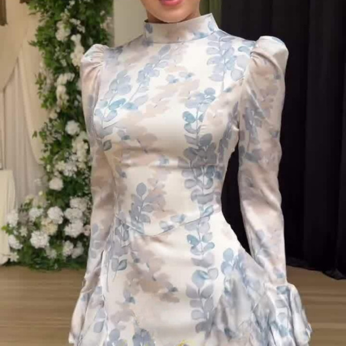 New in Spring Gentle Style Slim Fit Lace Up Printed Satin Dress Long Sleeved Long Dress for Women Elegant Woman Clothing