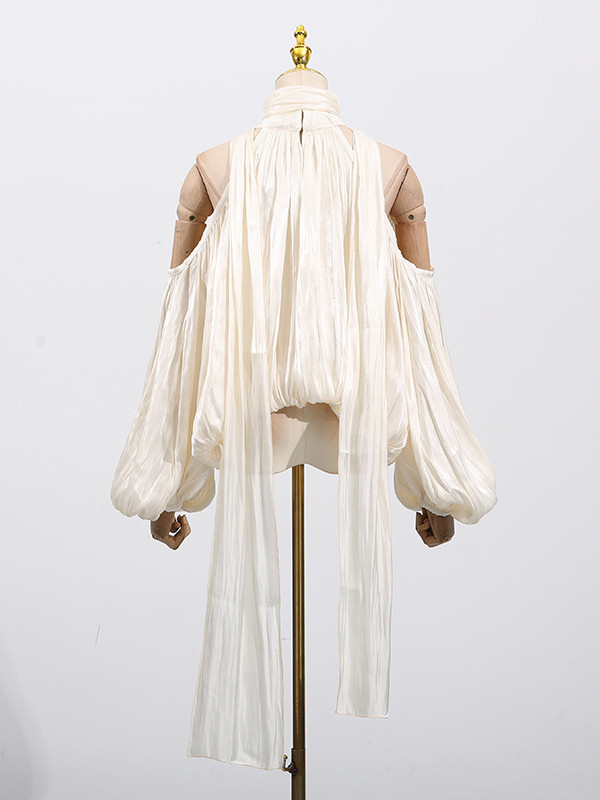 Pleated Solid Color Tied Long Sleeves Loose Halter-Neck Blouses&Shirts Tops