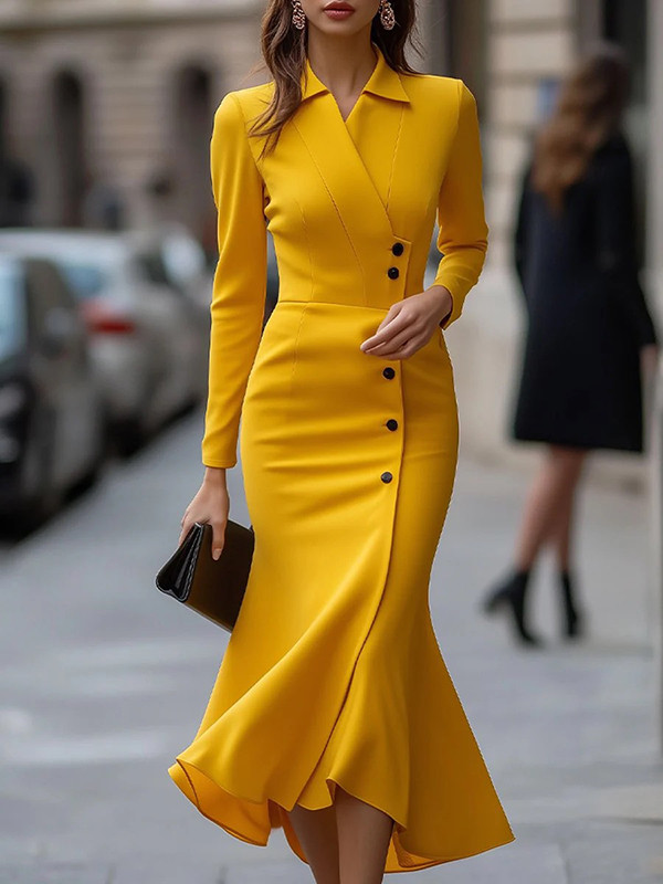 Buttoned Solid Color Bodycon High-Low Lapel Midi Dresses