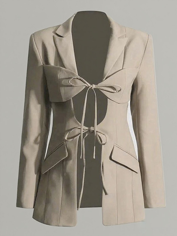 Pockets Solid Color Tied Long Sleeves Loose Notched Collar Outerwear Blazer