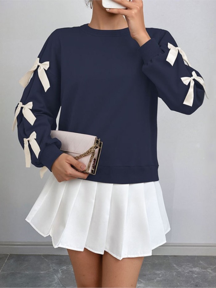 Women’s Christmas Long Sleeve Bow Pullover – Solid O-Neck Casual Loose Sweatshirt, Autumn Tops