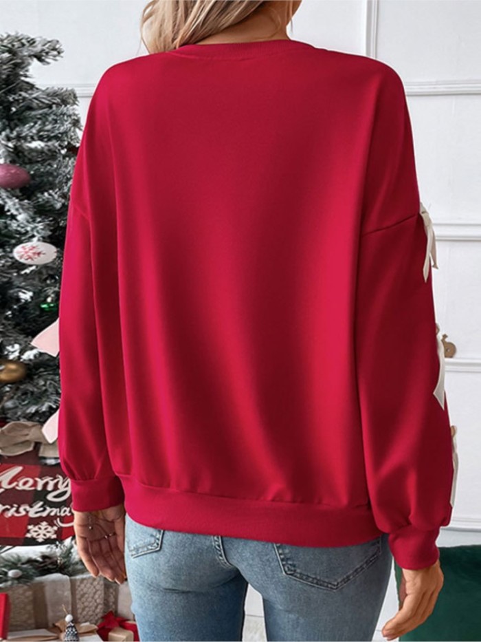 Women’s Christmas Long Sleeve Bow Pullover – Solid O-Neck Casual Loose Sweatshirt, Autumn Tops