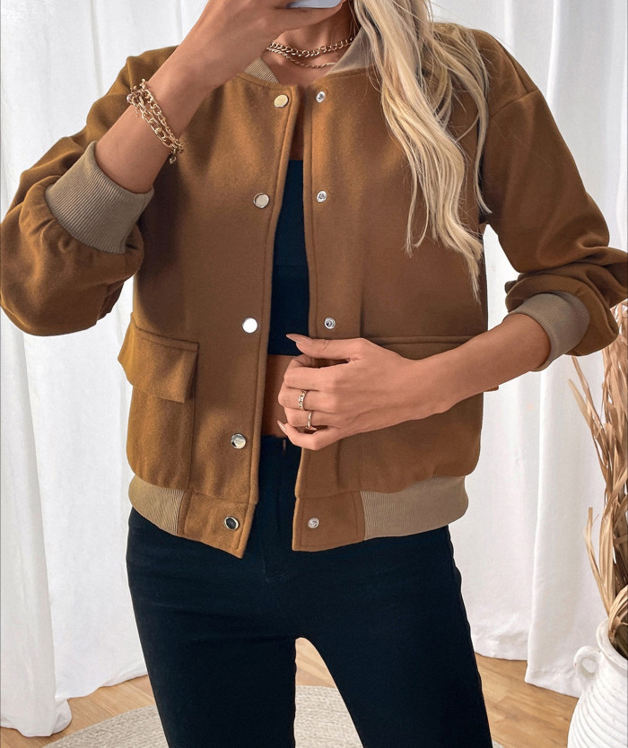 Women's Retro Casual Simple Contrast Color Baseball Collar Jacket
