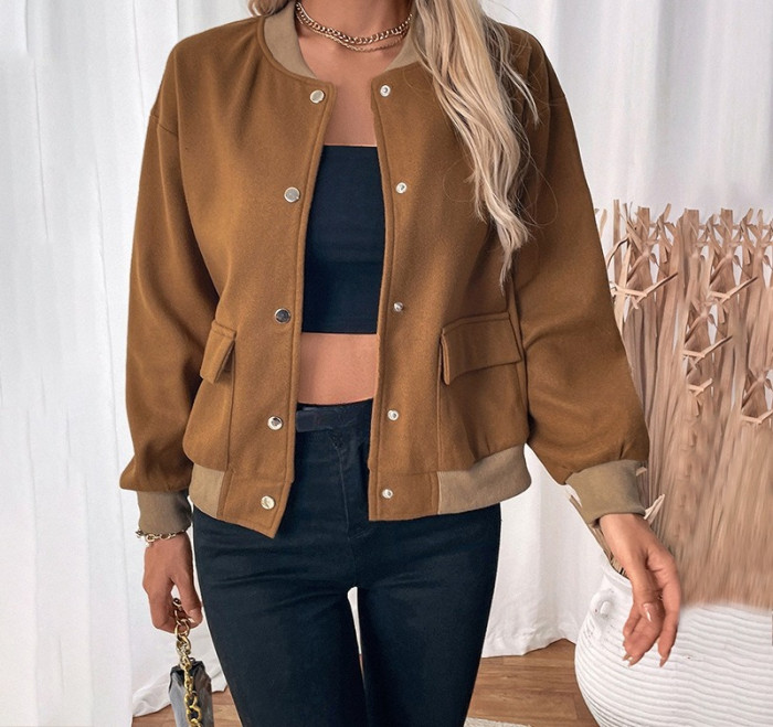 Women's Retro Casual Simple Contrast Color Baseball Collar Jacket