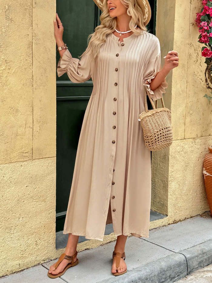 Women's Solid Color Loose Round Neck Button-Down Maxi Dress