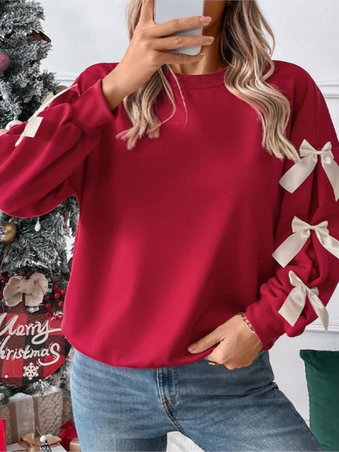 Women’s Christmas Long Sleeve Bow Pullover – Solid O-Neck Casual Loose Sweatshirt, Autumn Tops