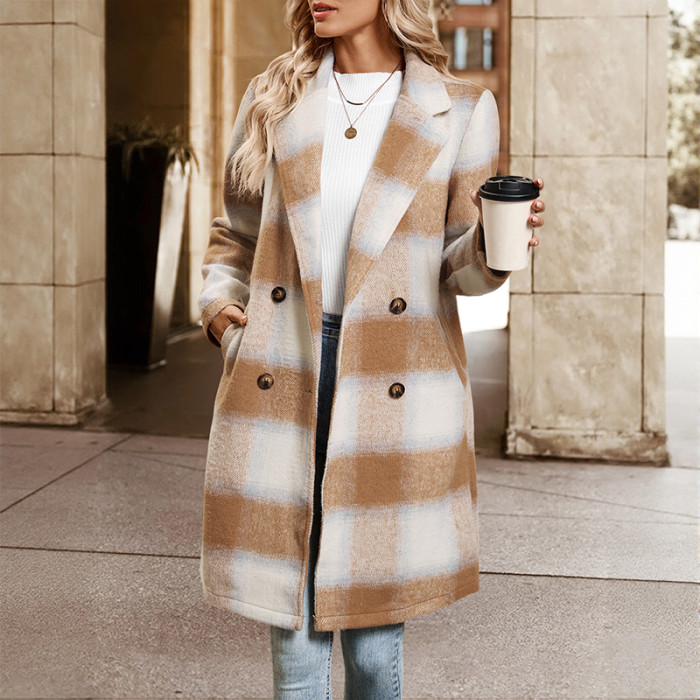 Women's Classic Checkered Lapel Loose Long Coat