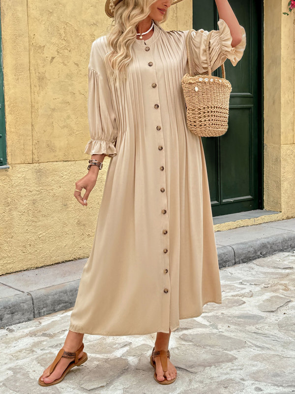 Women's Solid Color Loose Round Neck Button-Down Maxi Dress