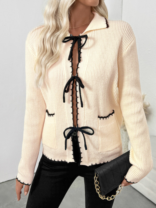 Women's Contrasting Color Chest Tie Cardigan Sweater