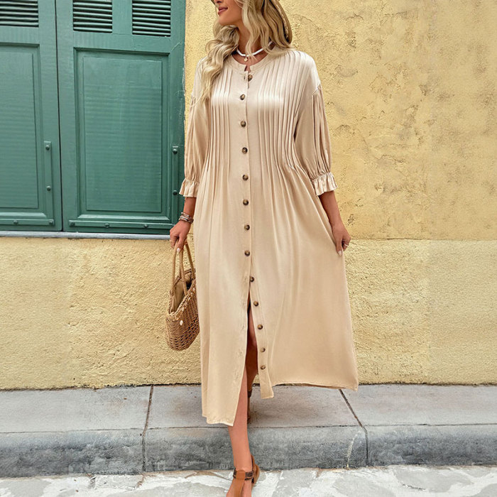 Women's Solid Color Loose Round Neck Button-Down Maxi Dress