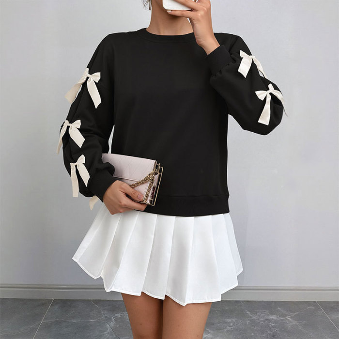 Women’s Christmas Long Sleeve Bow Pullover – Solid O-Neck Casual Loose Sweatshirt, Autumn Tops