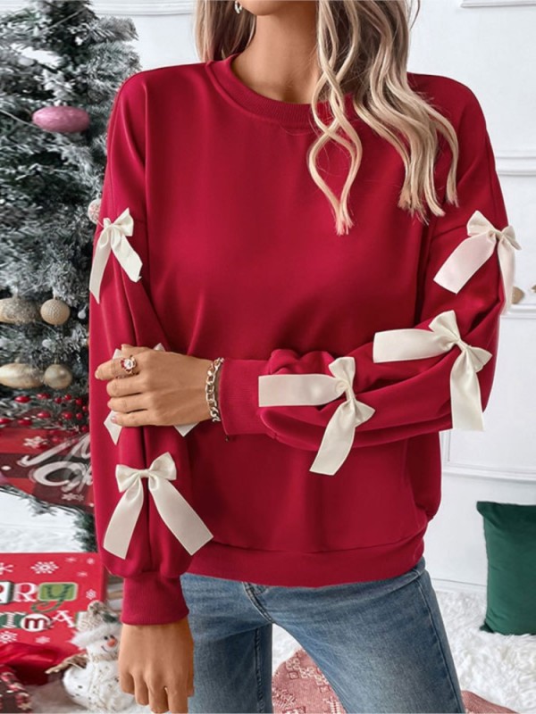Women’s Christmas Long Sleeve Bow Pullover – Solid O-Neck Casual Loose Sweatshirt, Autumn Tops