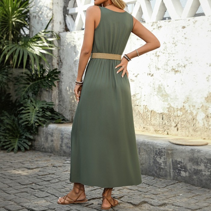 Women’s Solid Color Sleeveless V-Neck Dress with Belt – Casual Holiday Style with Split Hem